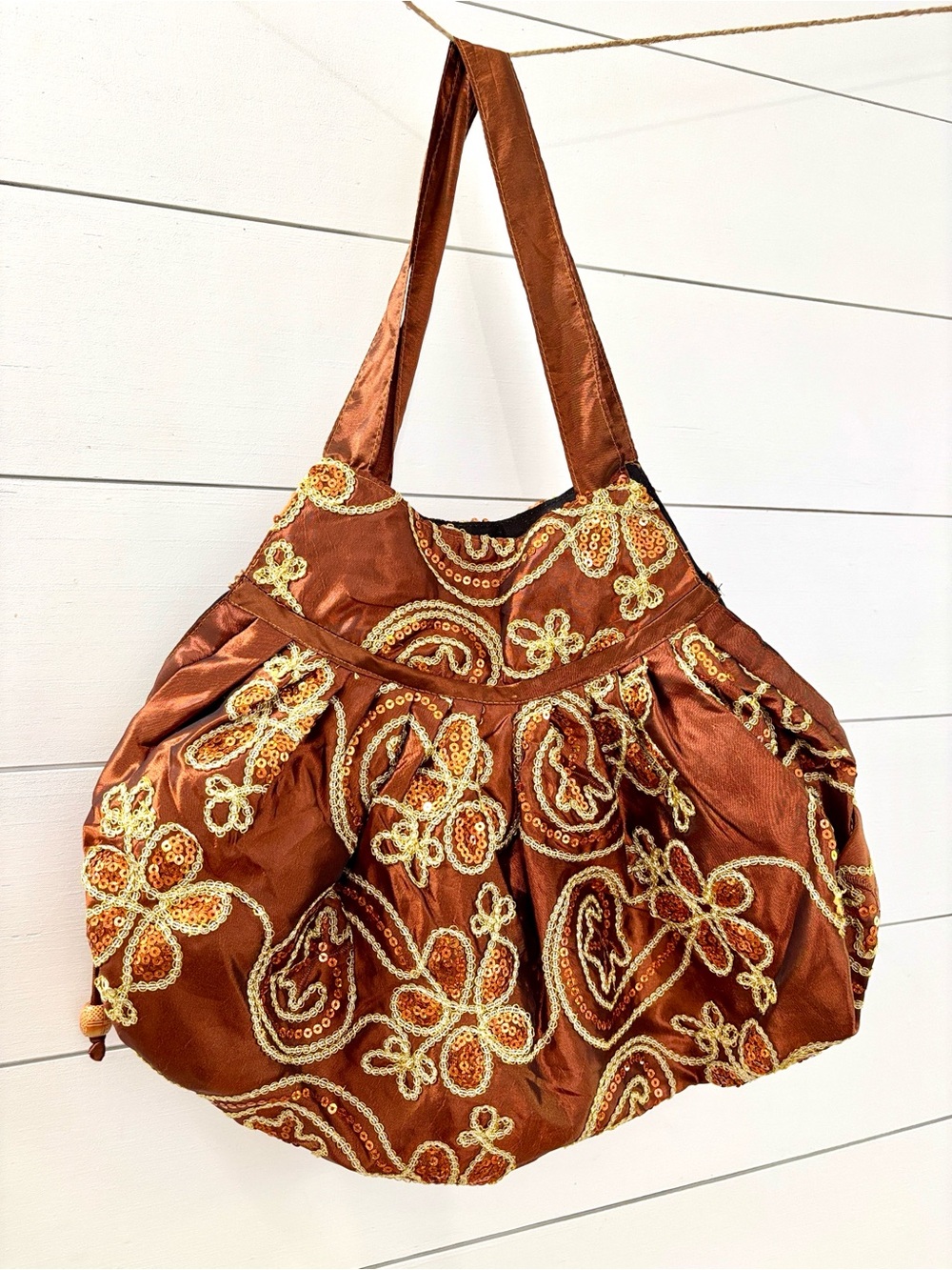 Thrifted in Paris, France - Fabric Bag Purse Zip Closure Embroidery & Sequins